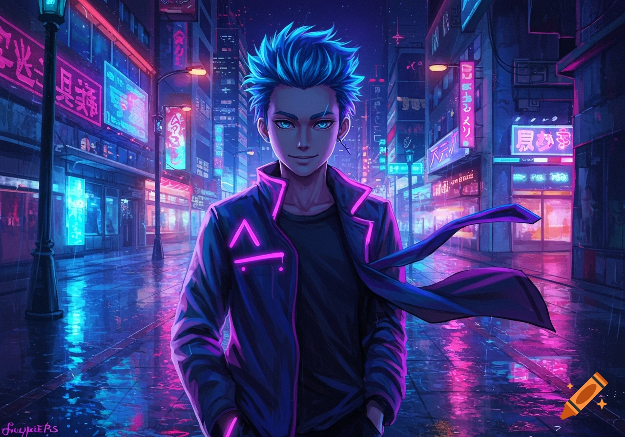 An anime boy with spiky blue hair in a futuristic cyberpunk city street at night, illuminated by neon pink and blue lights.