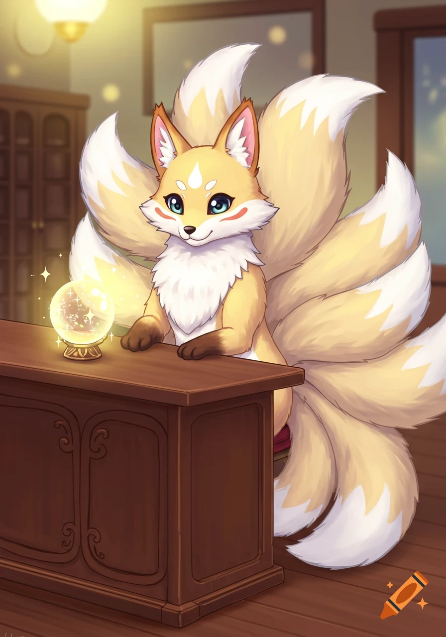 Cartoon kitsune with multiple tails sitting at a wooden desk with a glowing crystal ball.