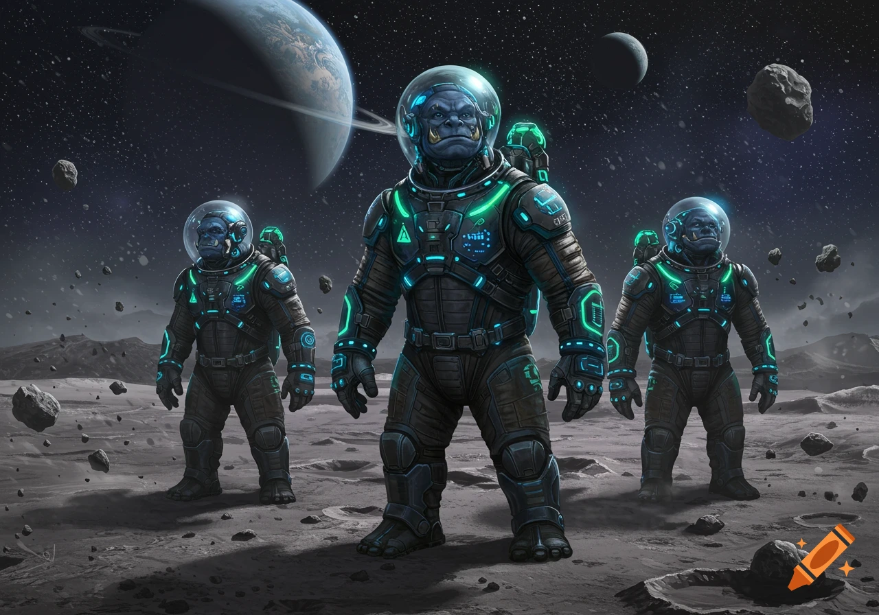 Three troll-like aliens in futuristic neon space suits stand on a rocky, cratered alien moon under a starry sky with planets and asteroids.
