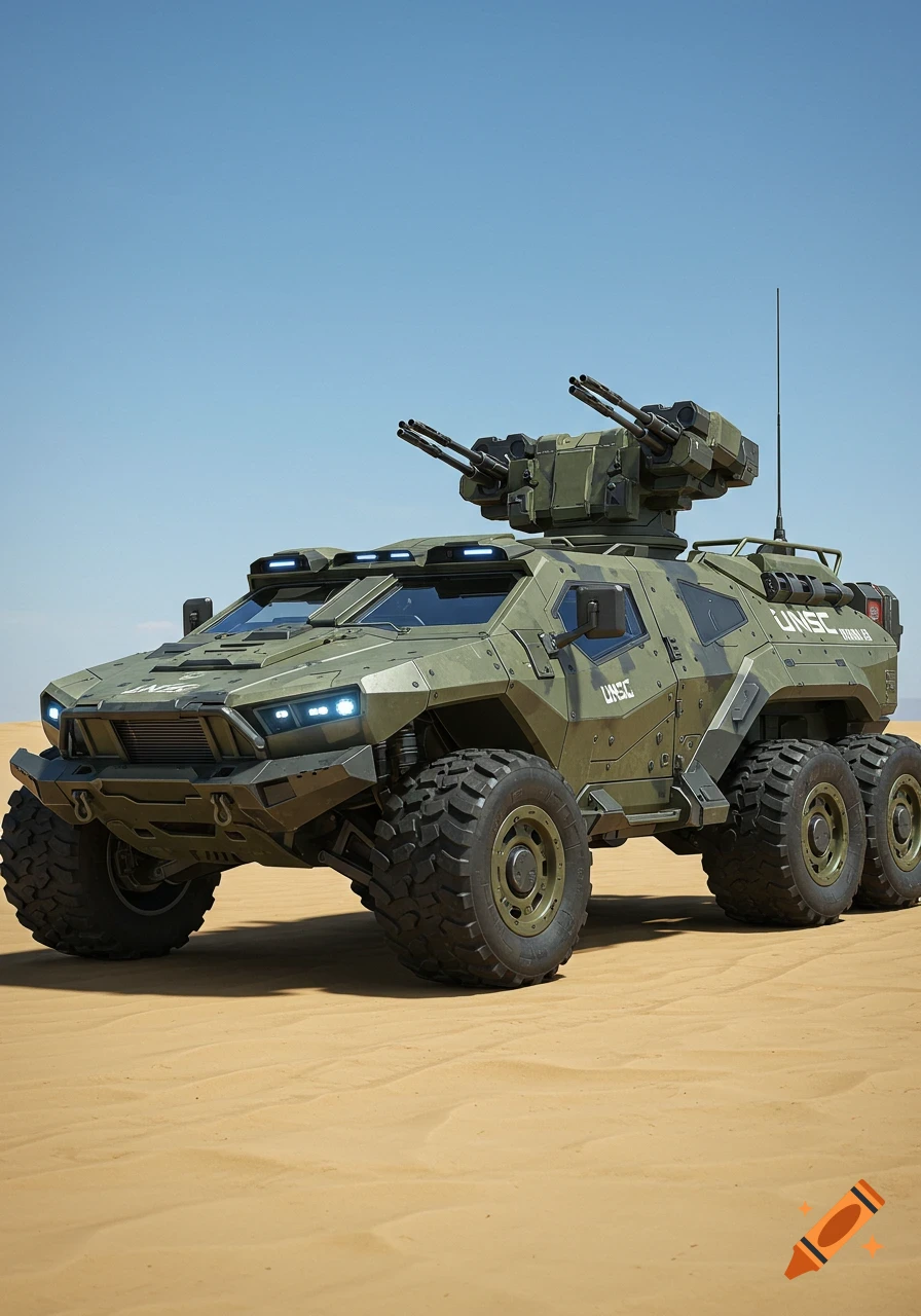 A photorealistic image of a futuristic, six-wheeled UNSC Warthog military vehicle with multiple turrets, parked in a sandy desert under a clear blue sky.