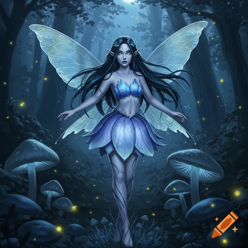 A blue-skinned fairy with long black hair, blue eyes, and large translucent wings stands in a dark magical forest surrounded by glowing mushrooms.