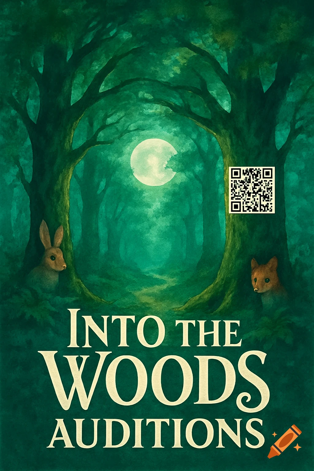 An illustrated poster for 'Into the Woods Auditions' featuring a dark green forest, a full moon, a rabbit, a fox, and a QR code.