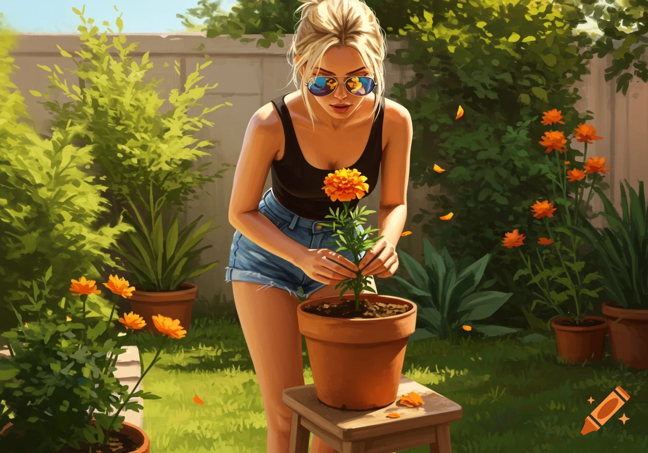 Illustrated image of a young blonde woman in sunglasses, tank top, and shorts planting an orange flower in a pot in a sunny backyard garden.