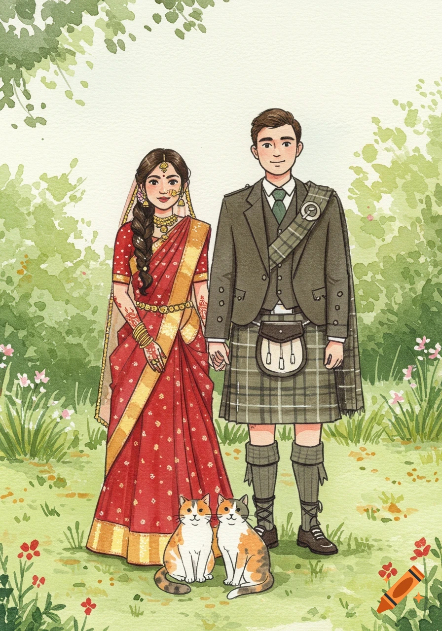 Watercolor illustration of an Indian bride and a Scottish groom holding hands in a garden, with two calico cats at their feet.
