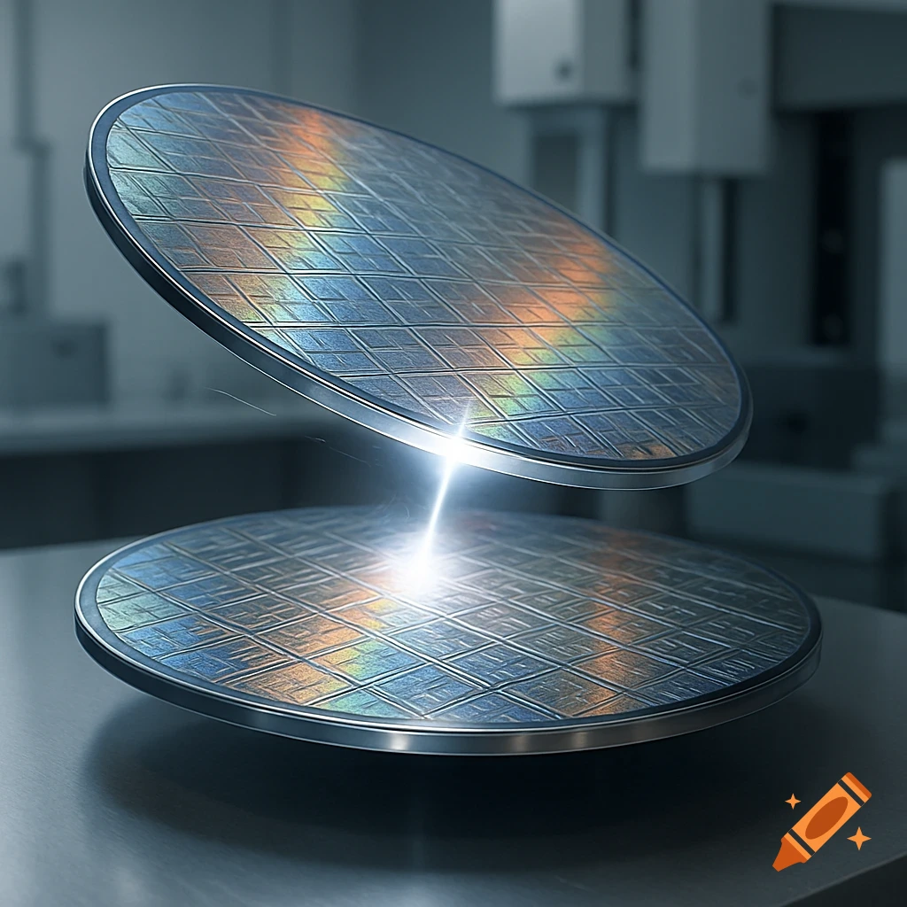 Two iridescent silicon wafers hover vertically, connected by a bright beam of light, in a blurred lab setting.