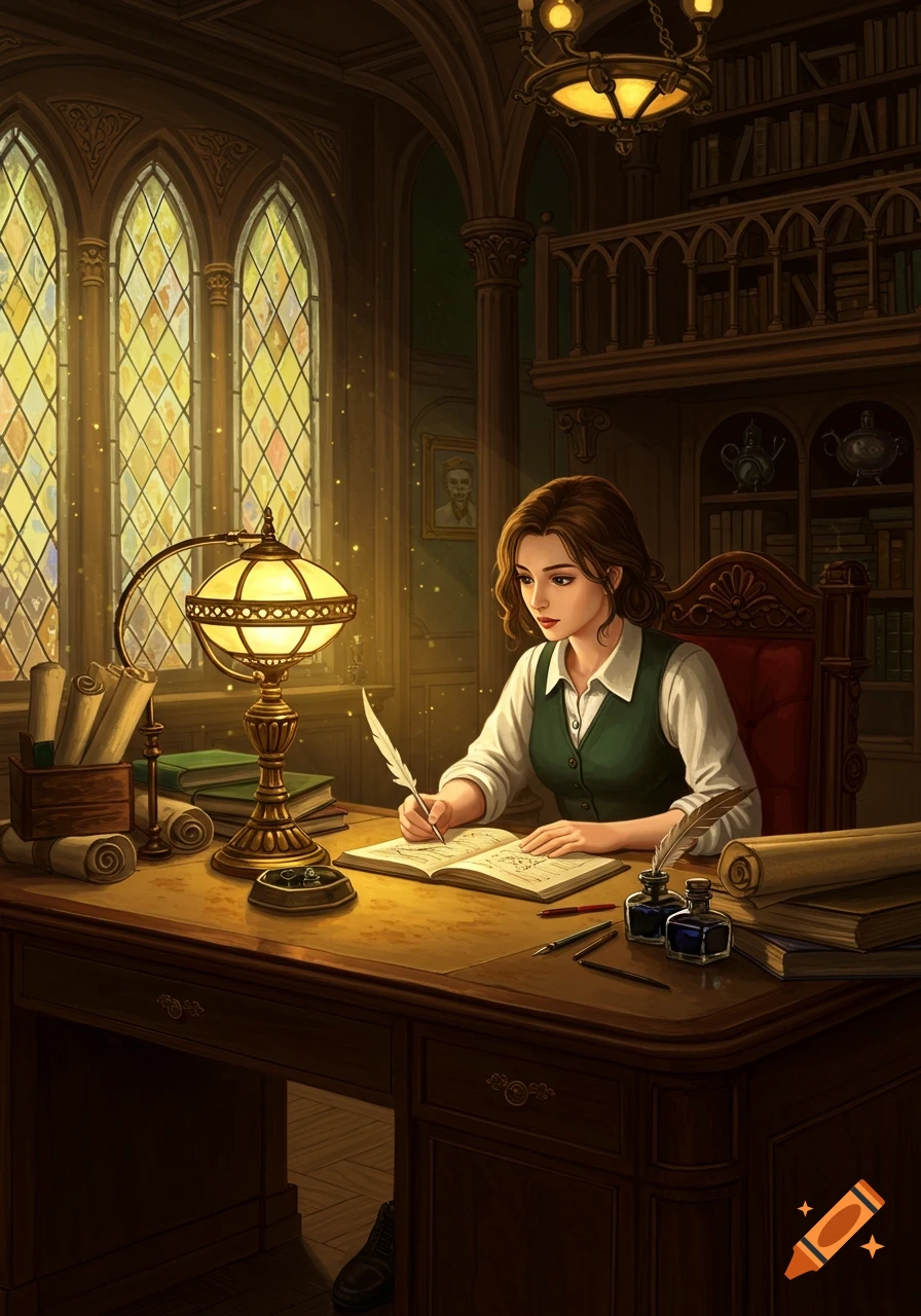 A young woman in a green vest sits at a wooden desk in a grand library, writing with a quill and ink under the warm glow of a lamp.