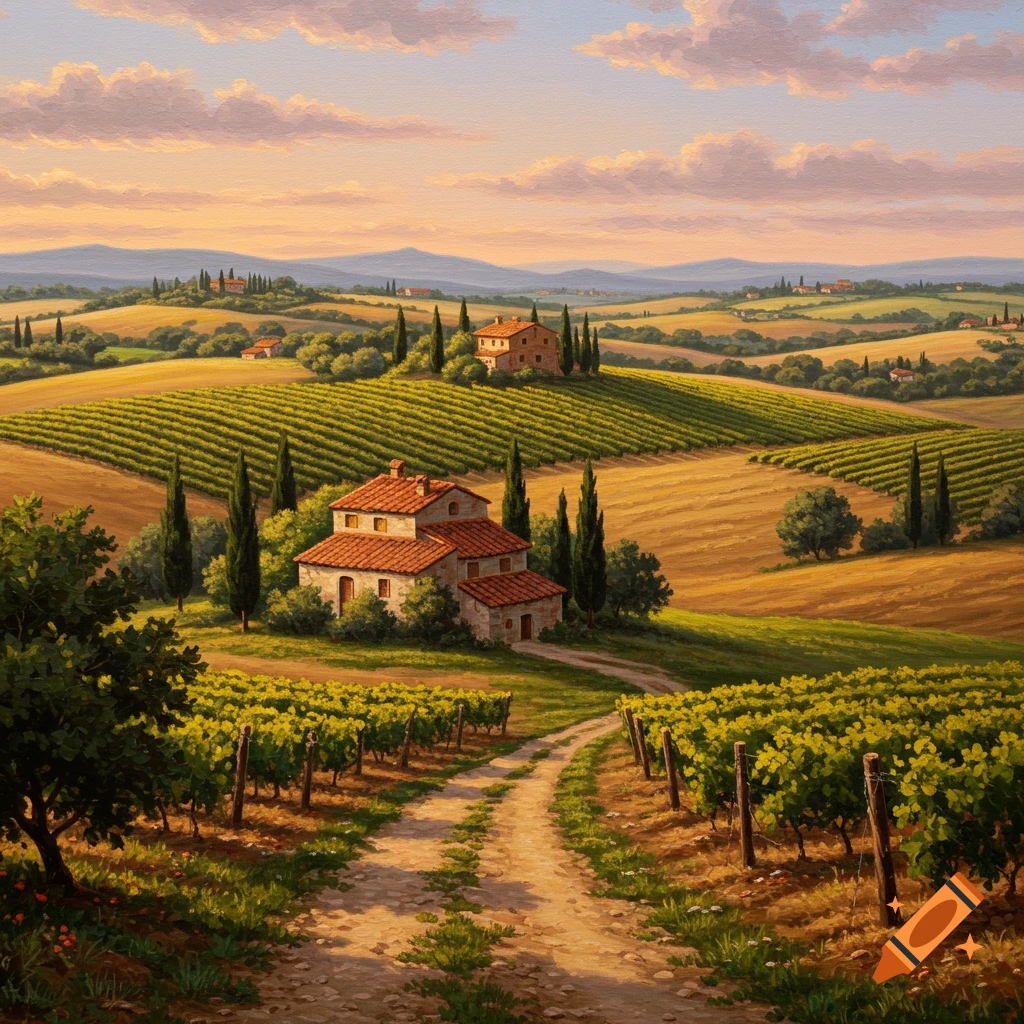 Painterly Tuscan landscape with rolling vineyards, cypress trees, and traditional farmhouses under a warm, cloudy sky.