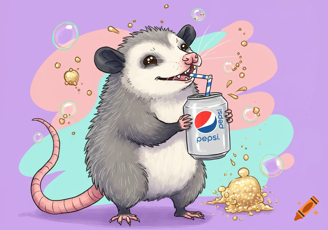 A happy cartoon opossum drinks Pepsi from a can with a straw, with spilled soda and bubbles.