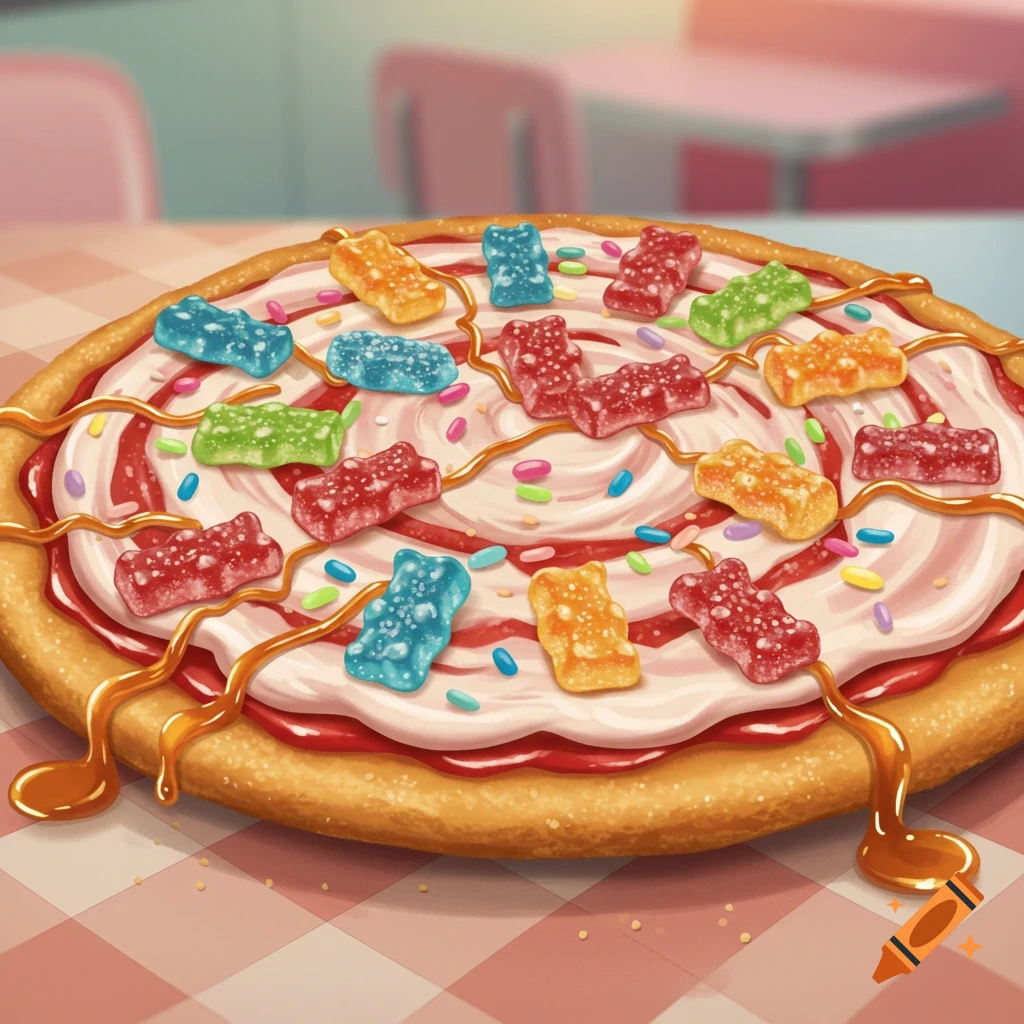 A colorful dessert pizza topped with frosting, jam, sprinkles, gummy candies, and caramel drizzle on a checkered tablecloth.