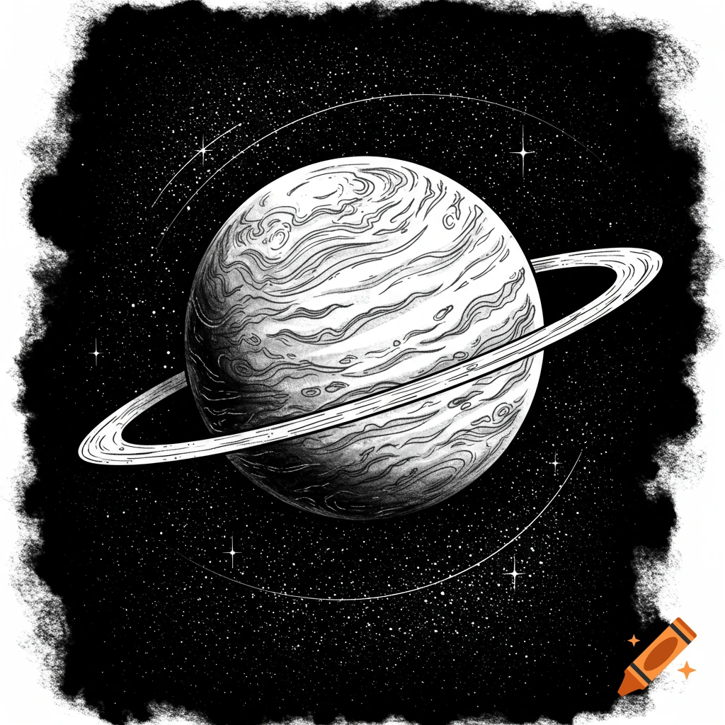 Black and white illustration of a ringed planet with a swirling surface against a starry sky and textured border.