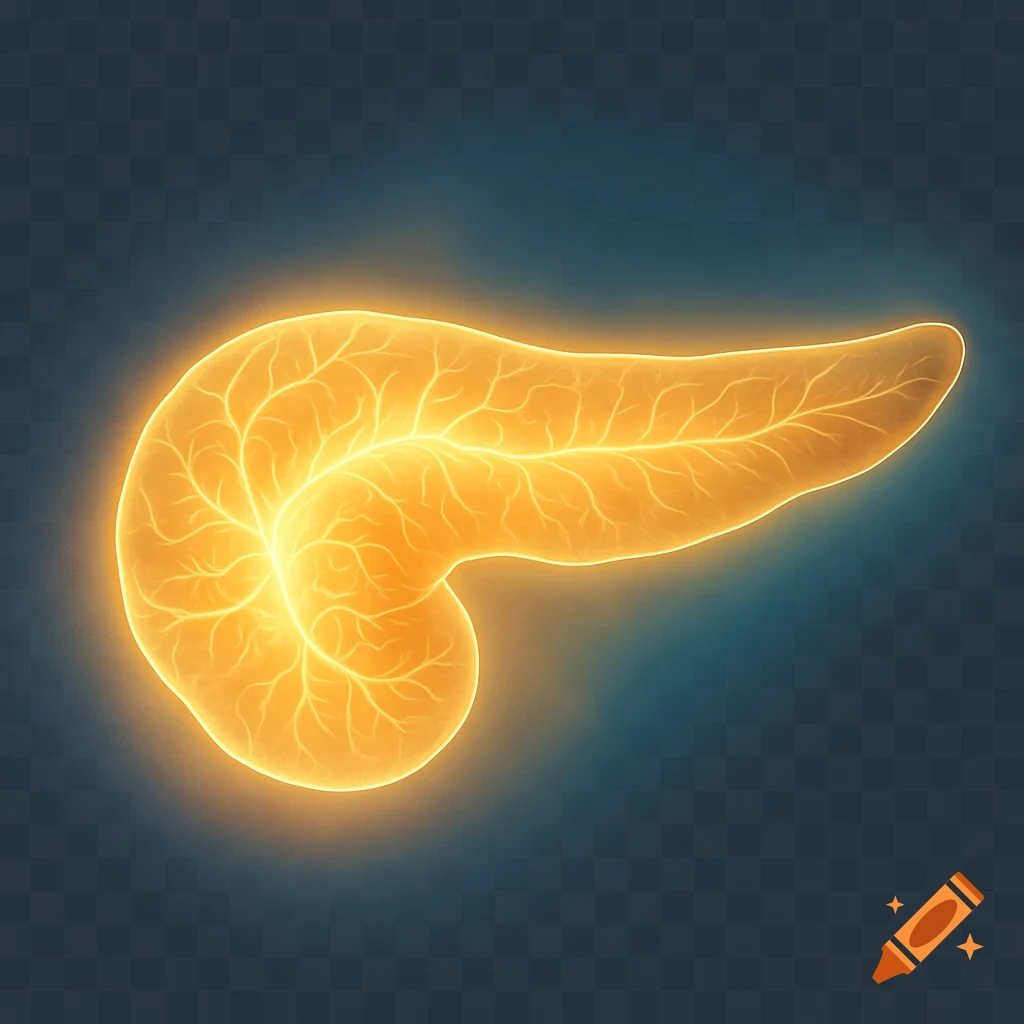 Illustration of a glowing human pancreas against a dark background.