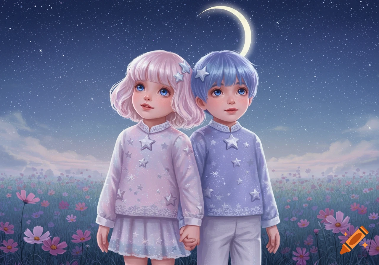Two anime children, one with pink hair and one with blue, hold hands in a flower field under a starry night sky with a crescent moon.