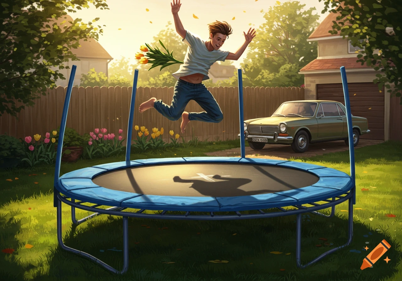 A young man with light brown hair leaps high on a trampoline in a sunny backyard, arms up in excitement. A vintage car is parked in the driveway behind a fence.