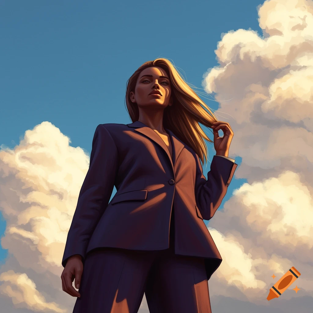 Illustrated low-angle view of a woman in a suit standing against a blue sky with dramatic clouds.