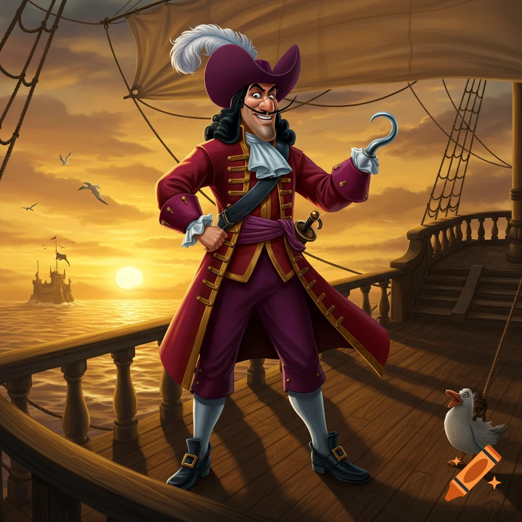 A cartoon Captain Hook stands on a pirate ship deck at sunset, with a small duck and a distant castle.