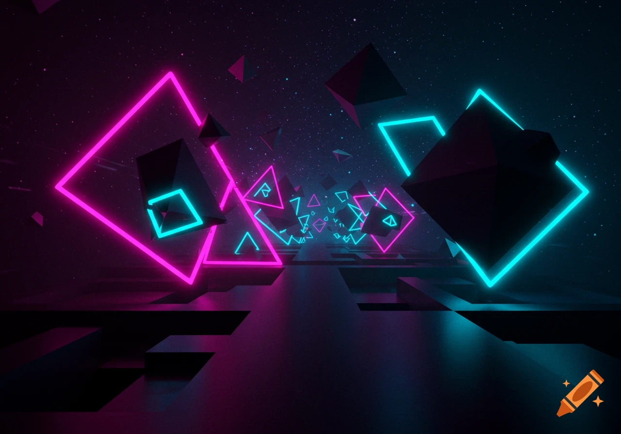 Abstract dark geometric landscape with glowing pink and cyan neon shapes and pyramids under a starry sky.