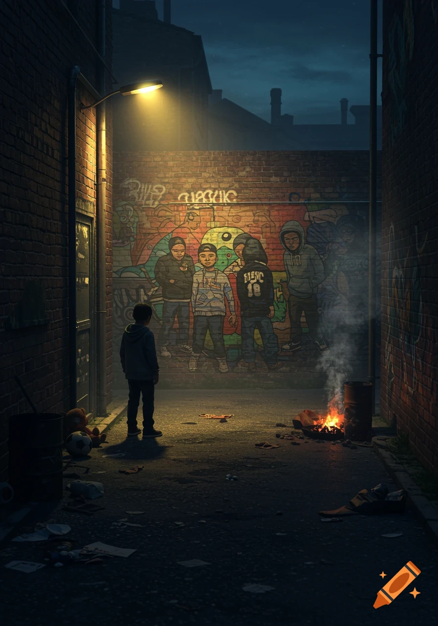 A stylized illustration of a child looking at a graffiti wall depicting a group of youths in a dark, urban alley with a small fire.
