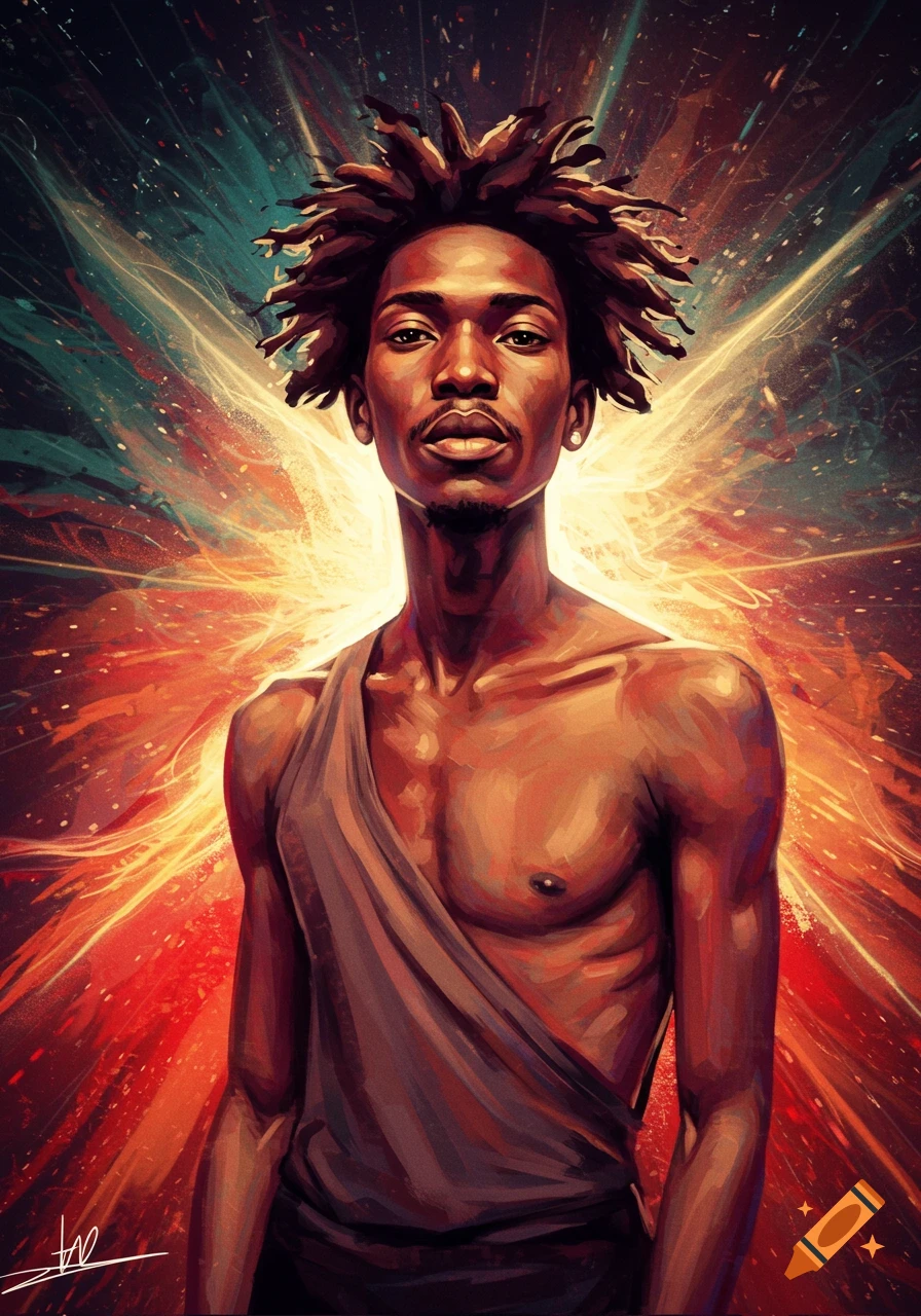 Digital painting of a man with dreadlocks and a draped cloth, standing against a vibrant, energetic background of light bursts.