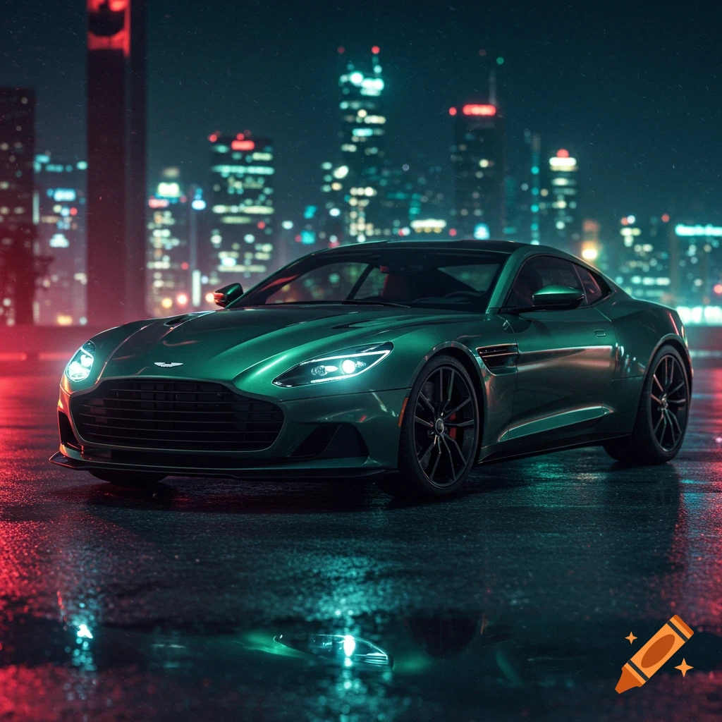 A photorealistic dark green sports car on a wet street at night, with a blurred city skyline. Headlights reflect on the ground.