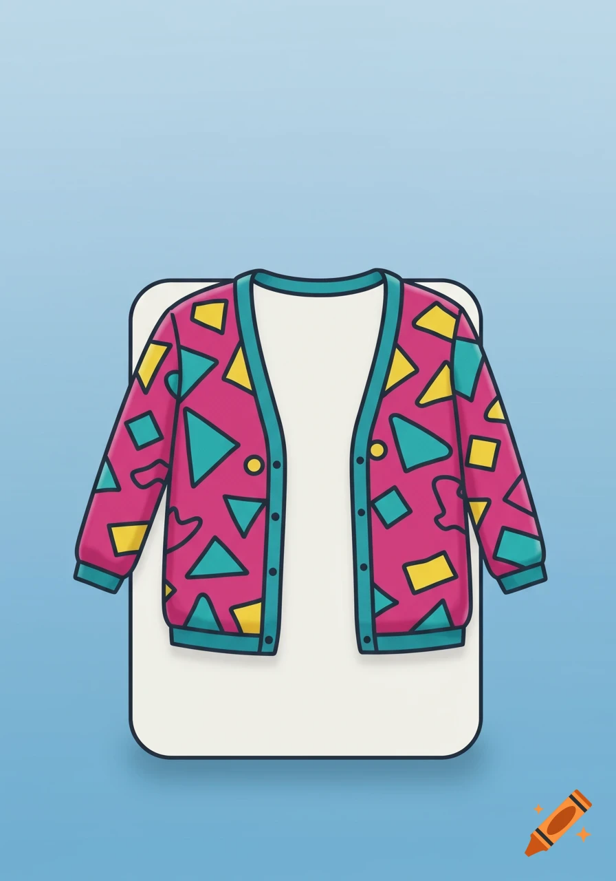 A colorful 1980s-style cardigan with geometric patterns, on a white index card, depicted as a mac app icon.