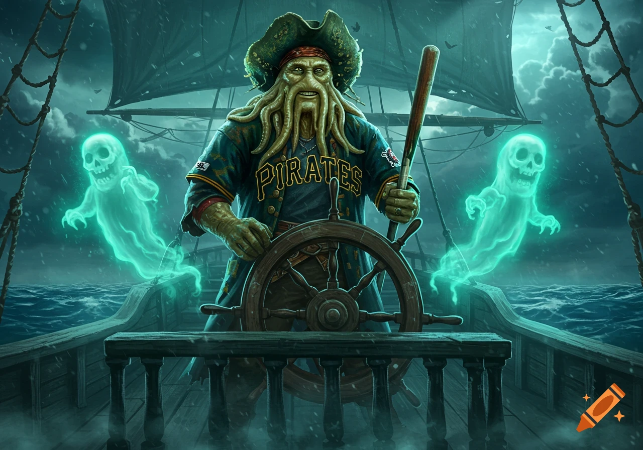 Davy Jones in a 'PIRATES' baseball jersey steers a ship with a bat, flanked by two glowing blue ghosts in a stormy sea.