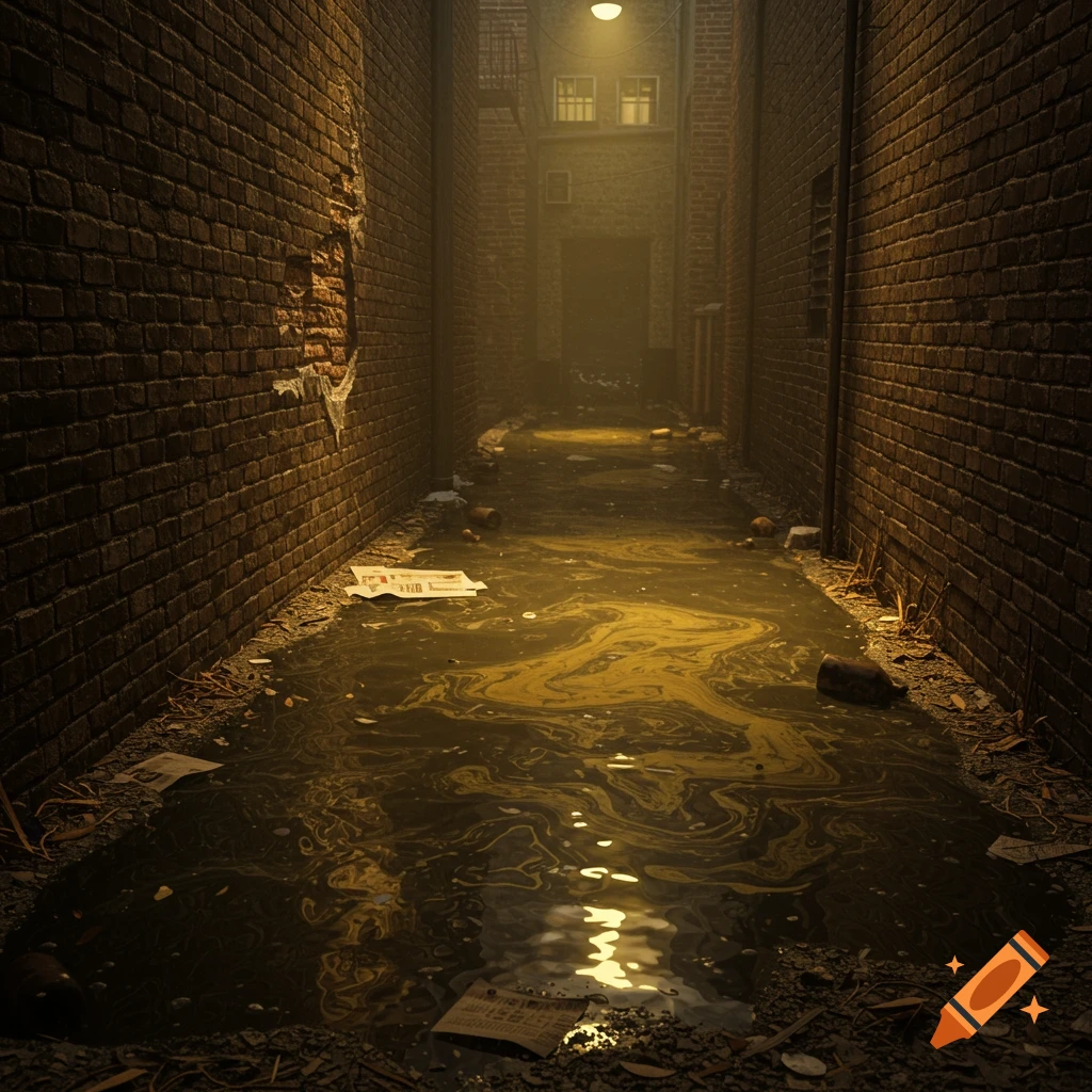 A dimly lit, narrow brick alleyway with murky, reflective brown water and debris on the ground.