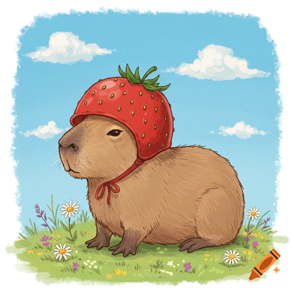 A cute hand-drawn illustration of a capybara wearing a red strawberry hat, sitting in a field of green grass and white flowers under a blue sky.