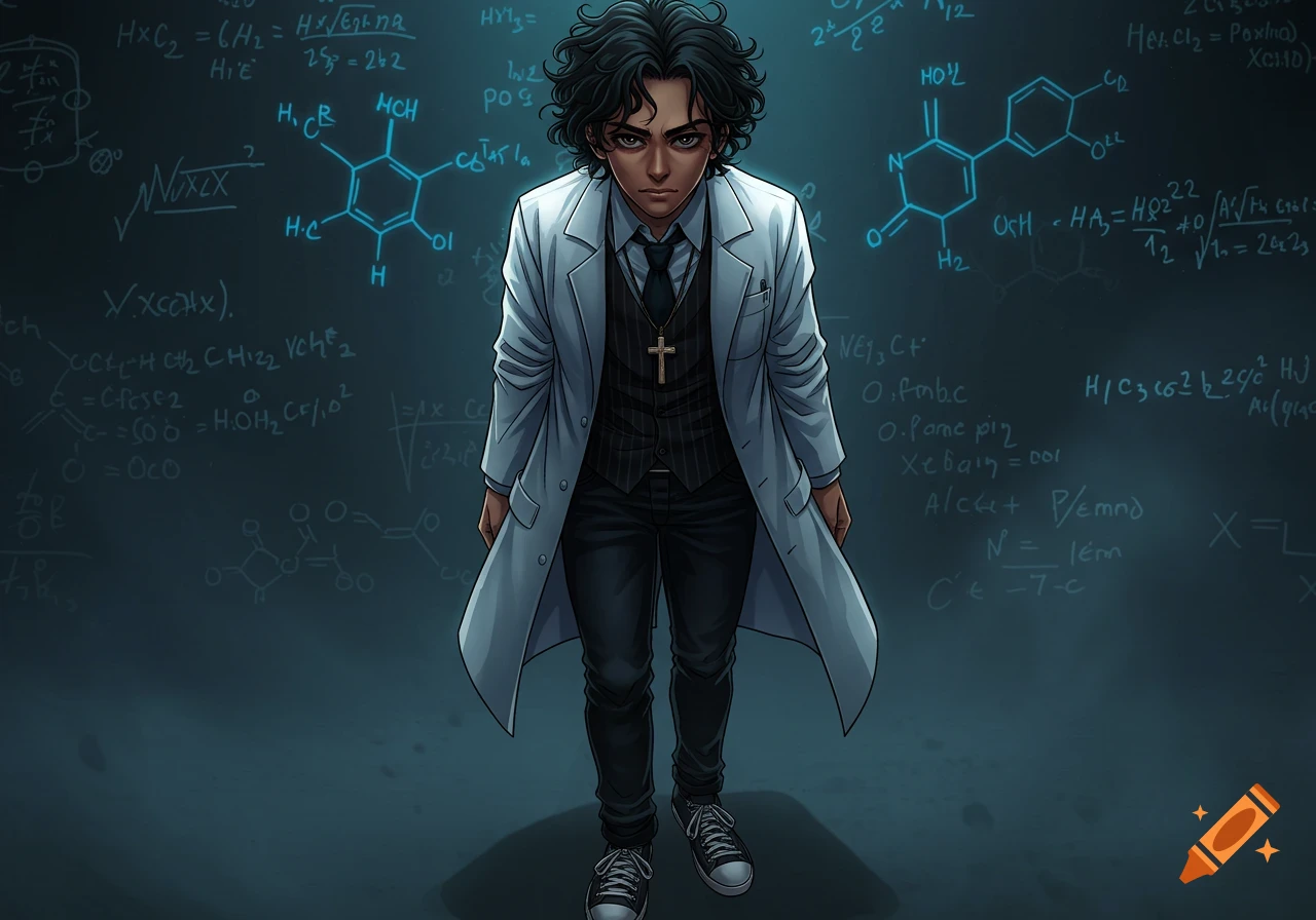 An anime-style young male mad scientist in a lab coat and pinstripe vest stands before a chalkboard filled with equations and chemical structures.