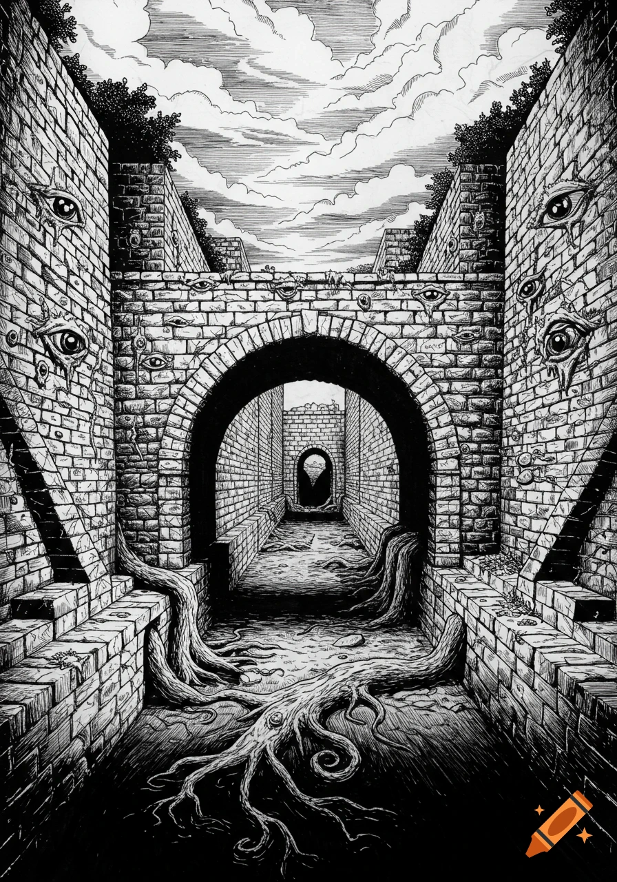 Monochromatic Franklin Booth style ink drawing of a stone archway with walls carved with eyes, tangled roots, and a tunnel entrance under a cloudy sky.