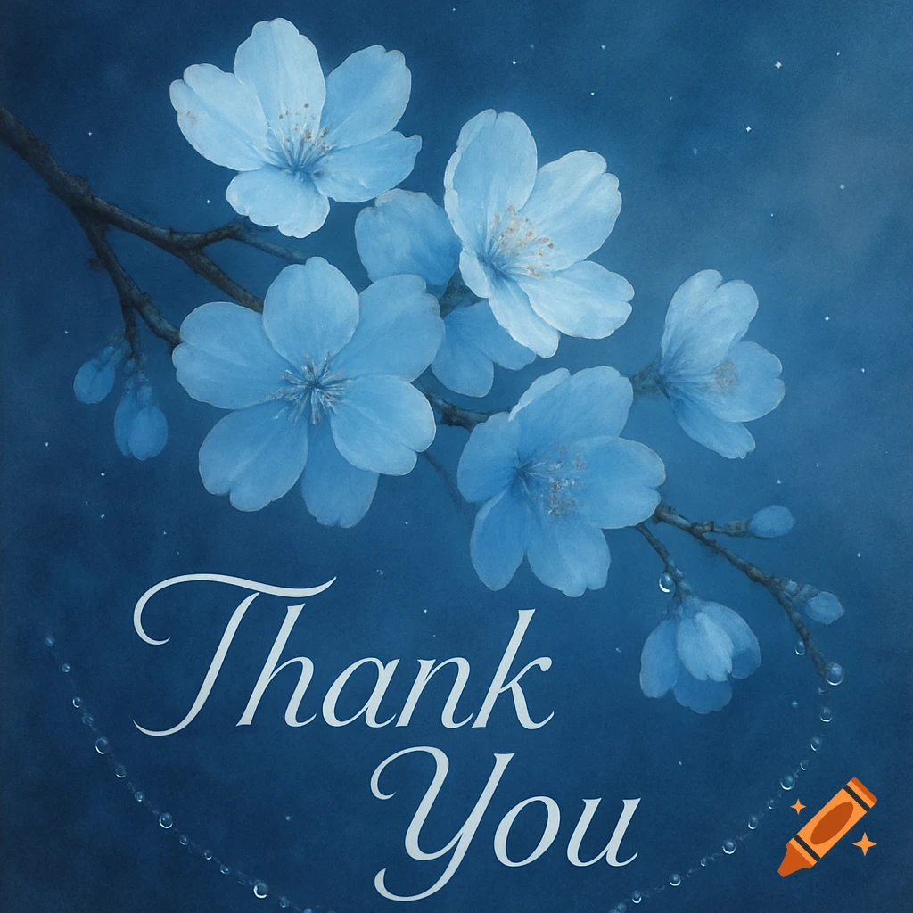 Blue cherry blossoms with 'Thank You' in script on a dark blue starry background, watercolor style.