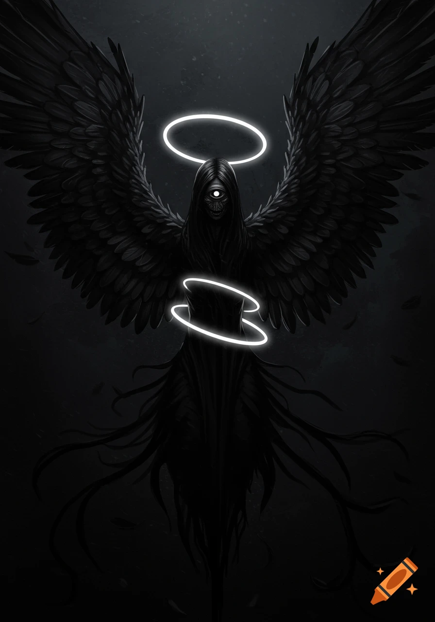 A dark seraphim with large black wings, a single white glowing eye, and two white glowing rings around its body, on a dark background.