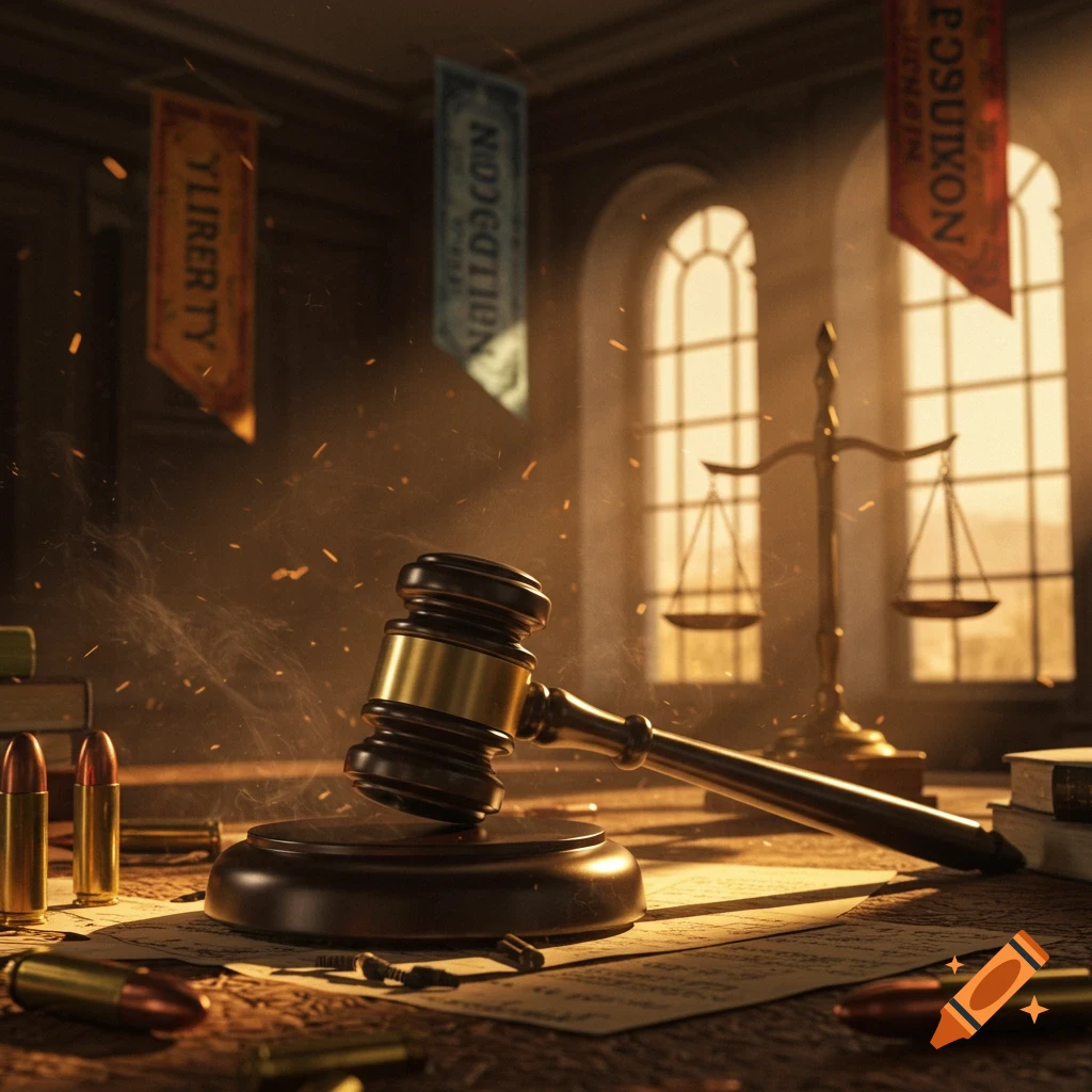 A gavel and bullets lie on a dusty courtroom table next to scales of justice, with light streaming through arched windows and banners overhead.