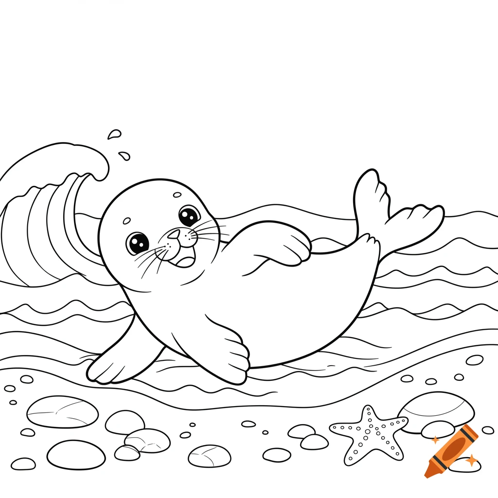 Black and white coloring page of a cute cartoon seal swimming in the ocean with a wave, rocks, and a starfish.