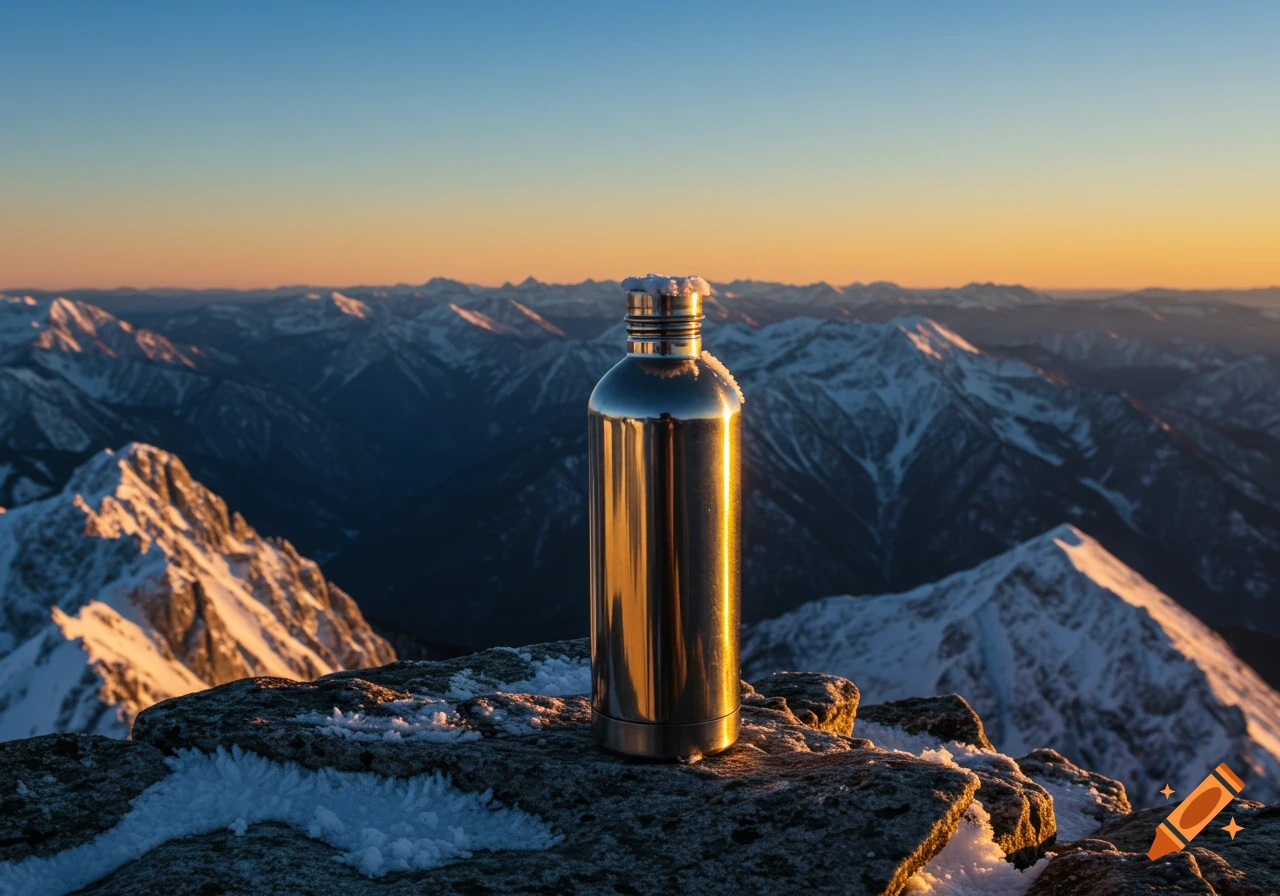 A stainless steel water bottle sits on a snowy mountain peak at sunrise overlooking other snow-capped mountains.