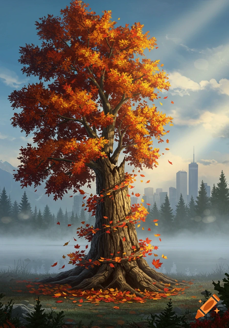 A vibrant autumn tree with falling orange leaves stands tall in a misty landscape with a forest and a distant city skyline under a blue sky.
