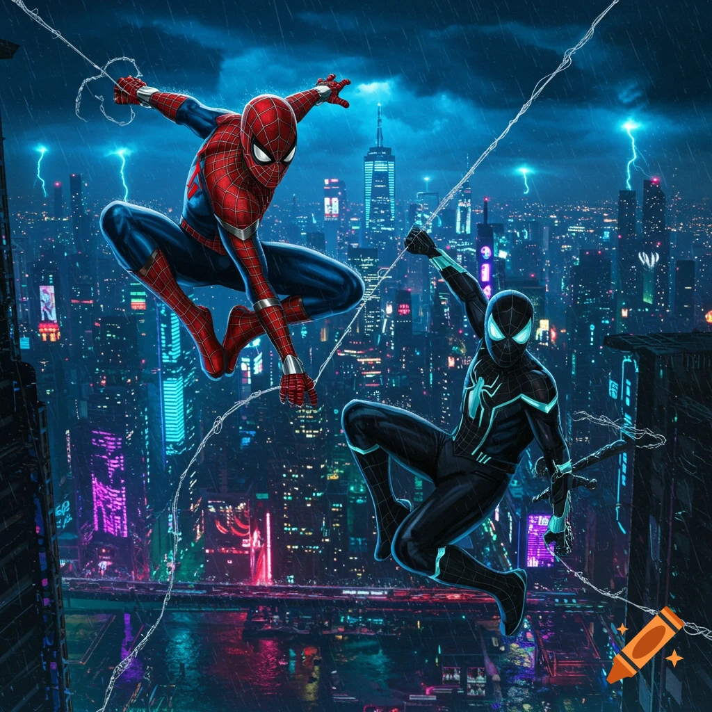 Classic red and blue Spider-Man and a black and neon blue Spider-Man swing through a rainy, neon-lit city at night with lightning.