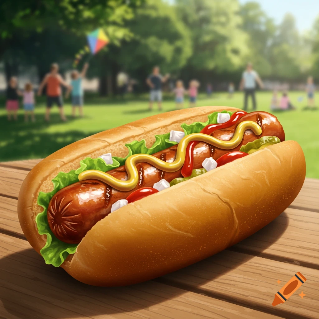 A photorealistic hot dog with mustard, ketchup, onions, and relish on a wooden picnic table with a blurry park background.