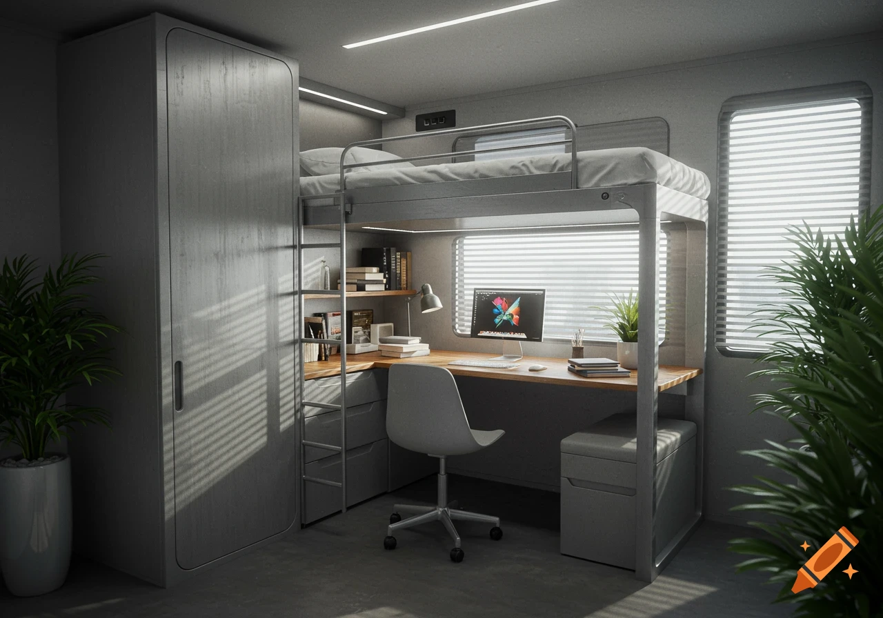 A modern grey loft bed with a desk and computer underneath, a wardrobe to the left, and windows with blinds.