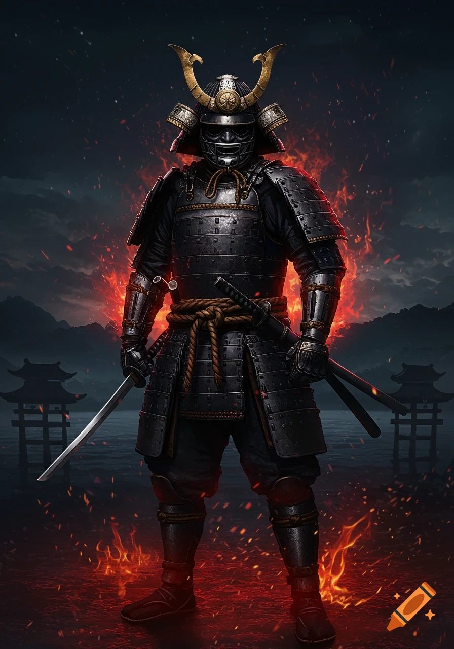 A samurai warrior in dark, armored attire stands with two katanas amidst red flames, with Japanese torii gates in the background at dusk.