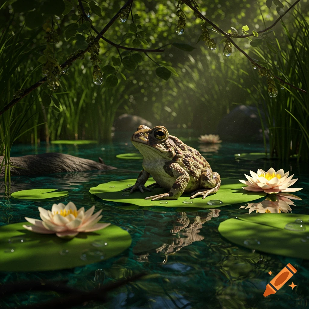 A photorealistic toad sits on a lily pad in a sunlit pond with lotus flowers and lush green foliage.
