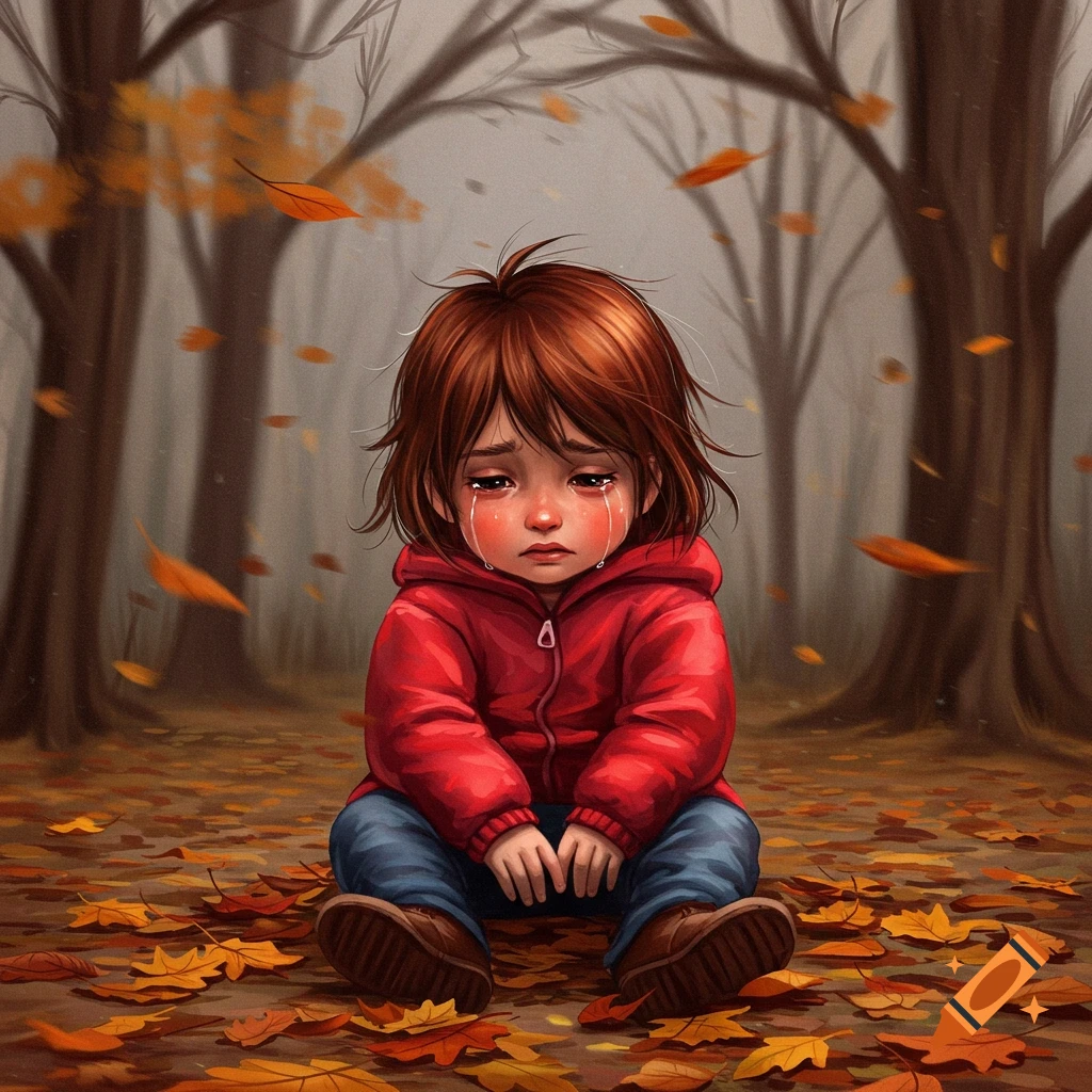 An illustrative image of a sad child in a red jacket sitting on the ground covered in autumn leaves, crying tears.