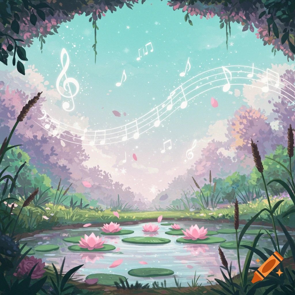 A serene pond with pink water lilies and lush green plants, framed by trees, under a bright sky with floating musical notes and sparkles.