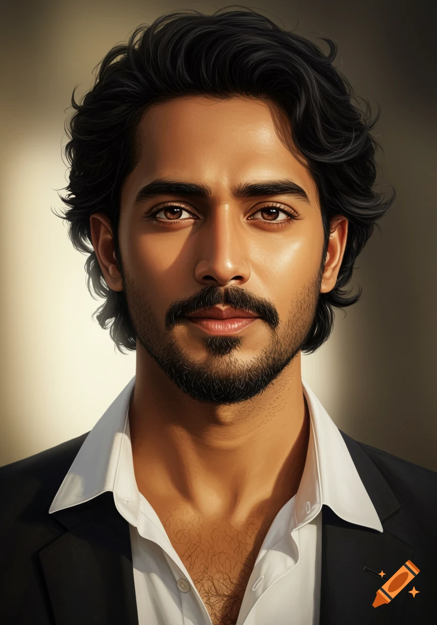 A photorealistic portrait of a man with dark wavy hair, beard, and deep brown eyes, wearing a white shirt and dark jacket.