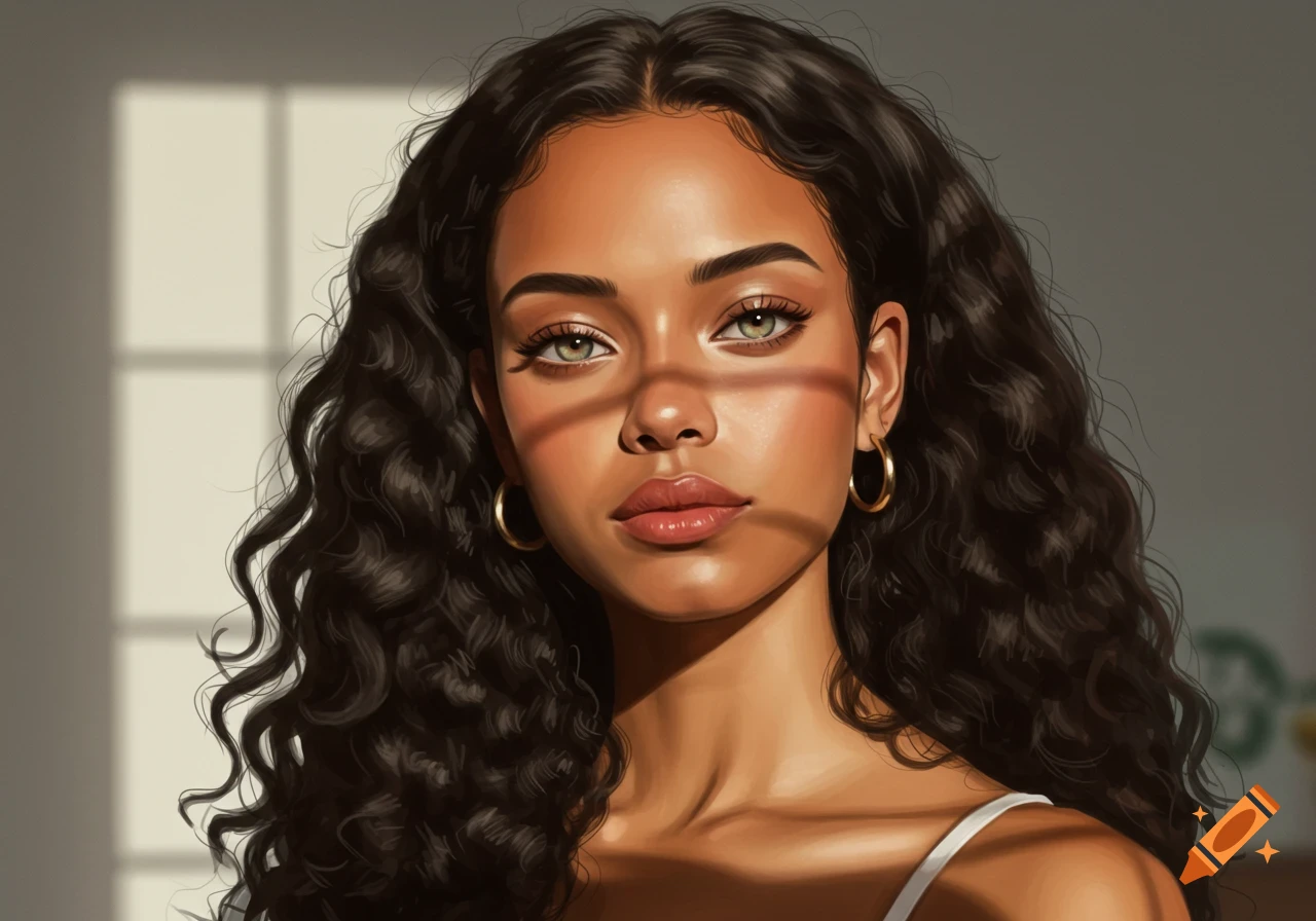 Illustrated portrait of a young woman with long dark curly hair, tan skin, and light hazel eyes, with window shadows on her face.