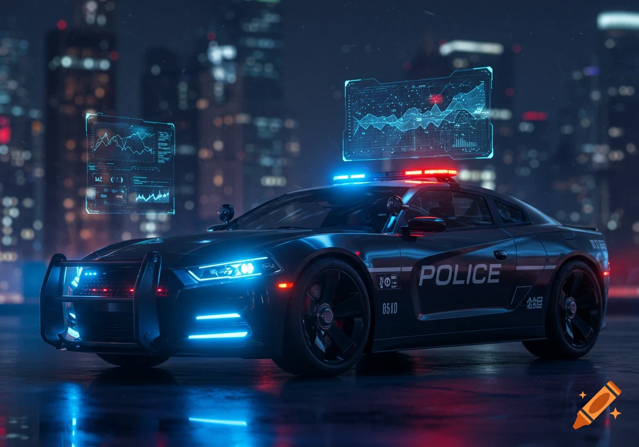 A sleek, black futuristic police car with neon blue lights and holographic displays on its roof, parked at night in a city.