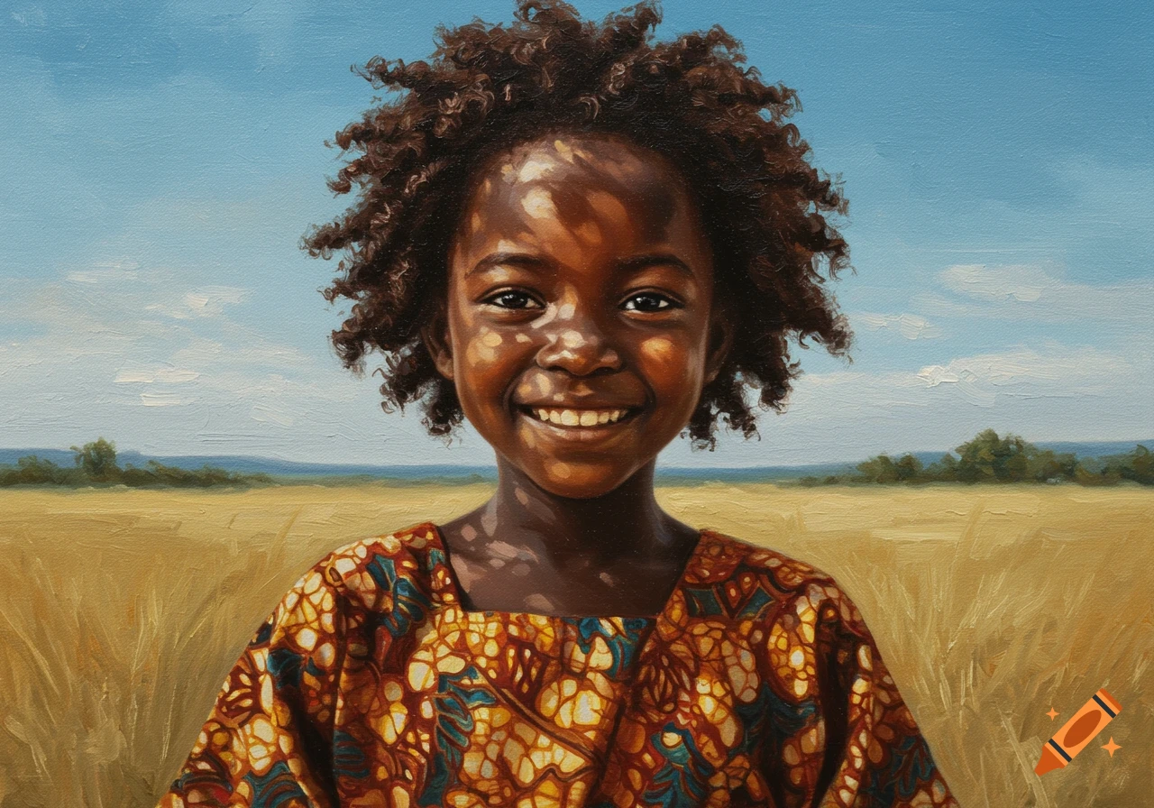 A vibrant painting depicts a smiling young African girl with curly hair, wearing a patterned dress, in a golden field under a blue sky.
