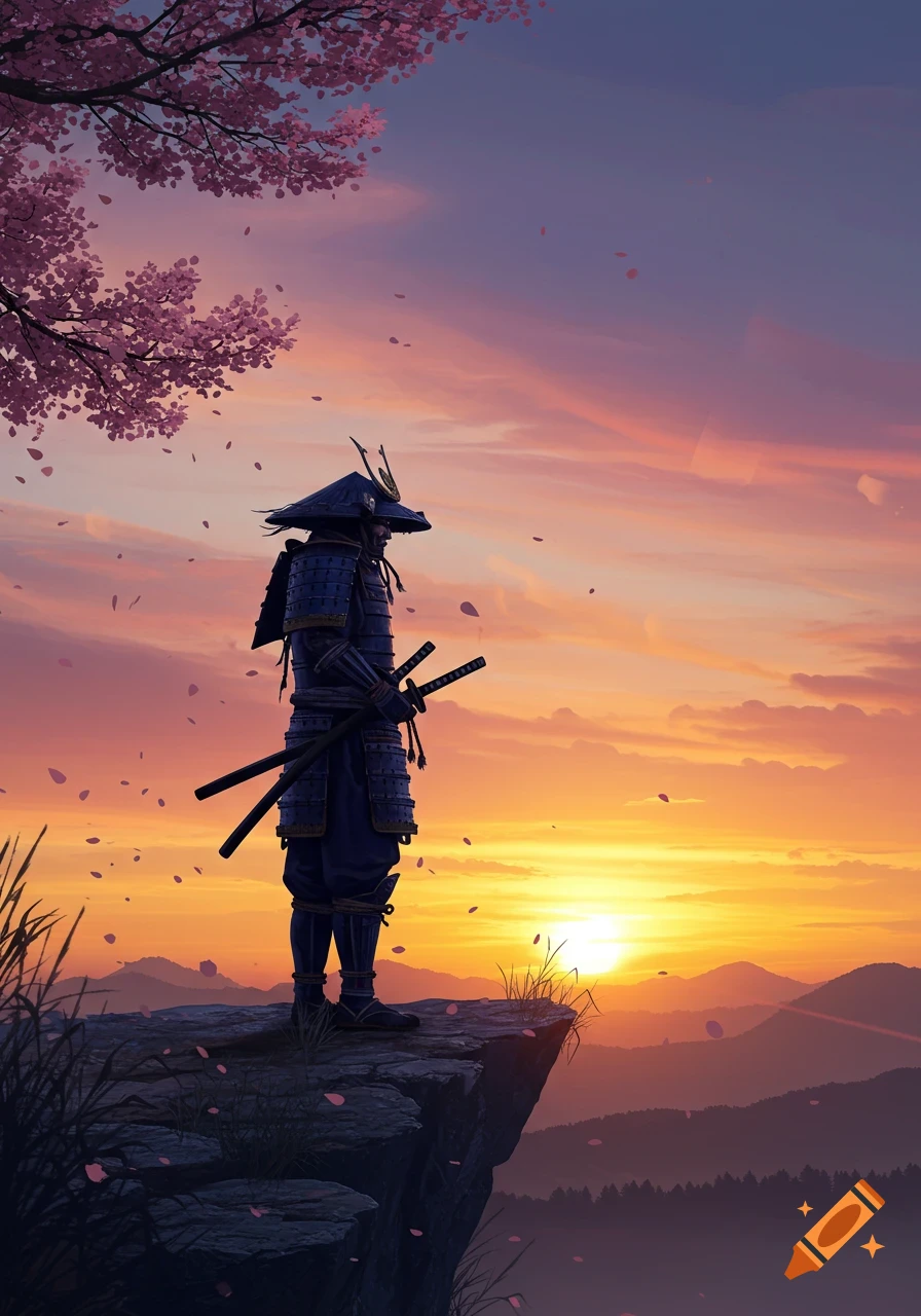 A samurai stands on a cliff overlooking a mountain range at sunset, with cherry blossoms overhead.