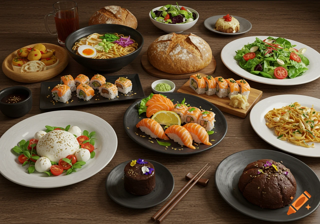 A table filled with various appetizing dishes including sushi, ramen, salads, bread, pasta, and desserts, presented in a photorealistic style.