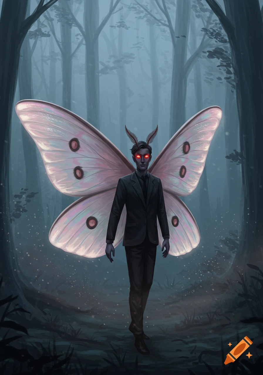 Digital painting of a man with glowing red eyes and large, iridescent moth wings, wearing a black suit in a dark, misty forest.