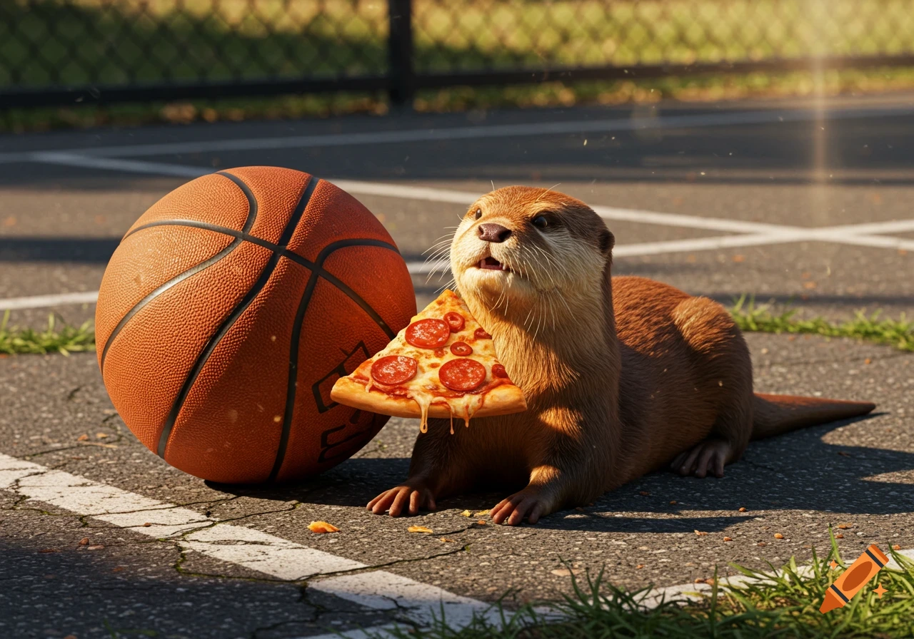 A photorealistic brown otter lies on a basketball court, holding a slice of pepperoni pizza next to a basketball.